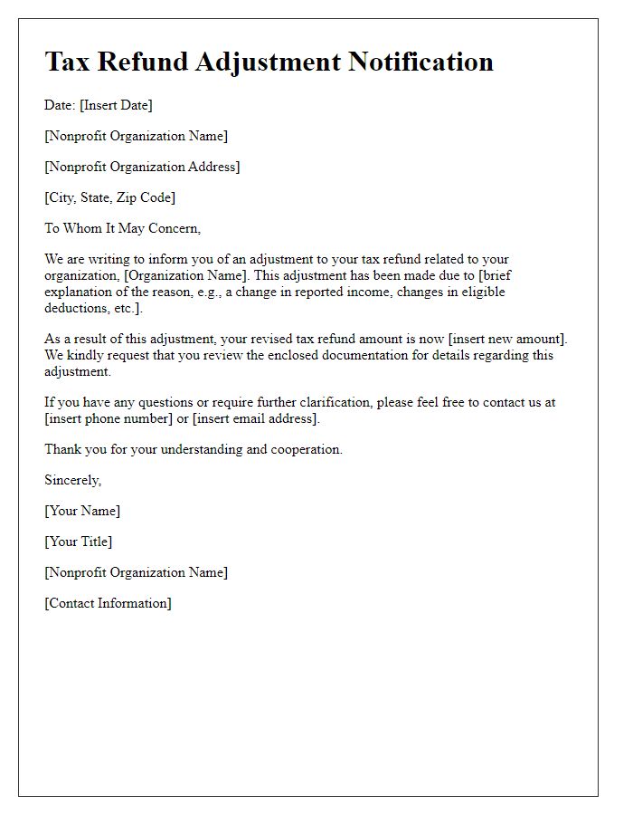 Letter template of tax refund adjustment notification for nonprofits.