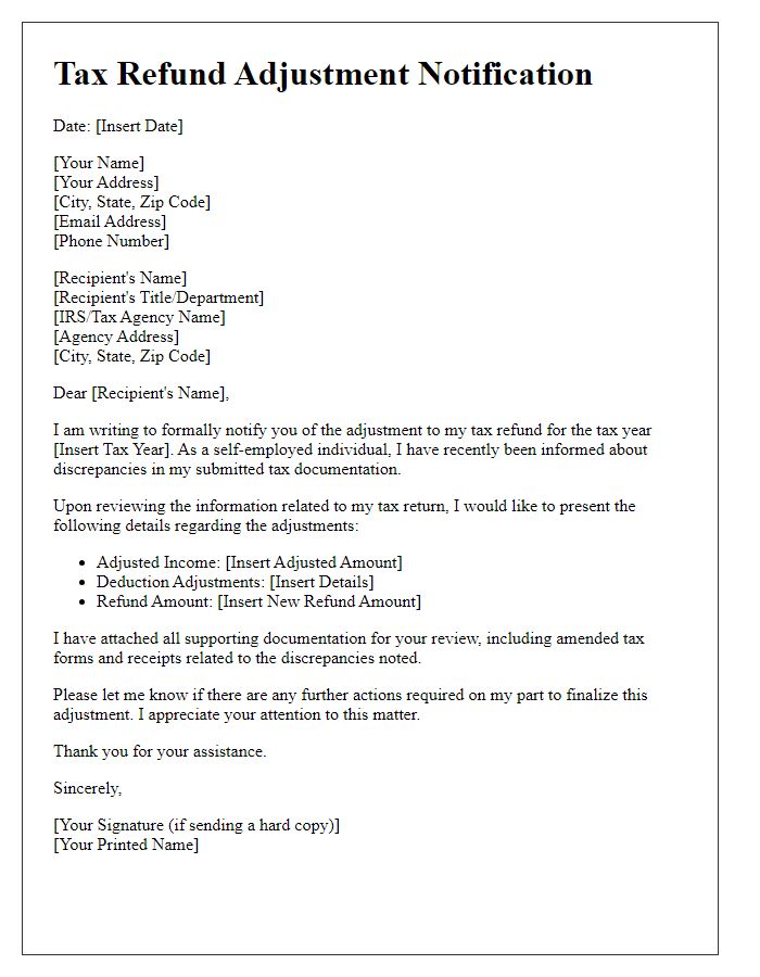 Letter template of tax refund adjustment notification for self-employed individuals.