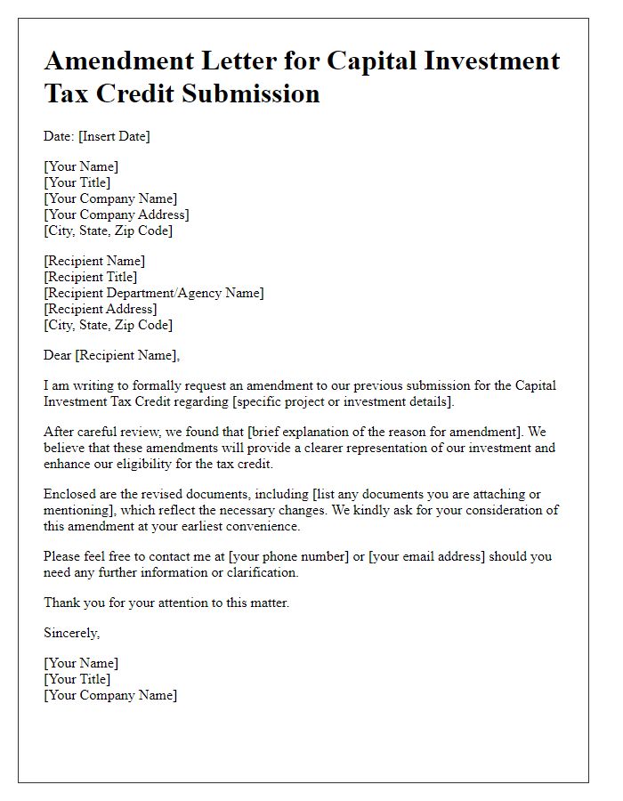 Letter template of amendment for capital investment tax credit submission