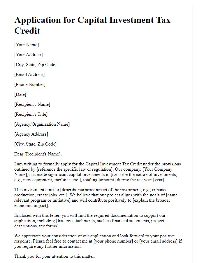 Letter template of application for capital investment tax credit