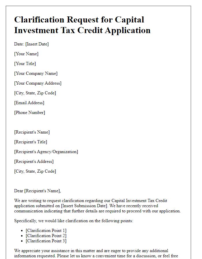 Letter template of clarification request for capital investment tax credit application