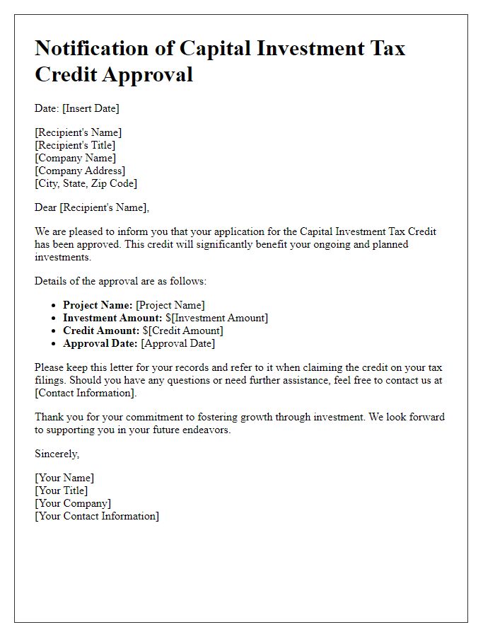 Letter template of notification for capital investment tax credit approval