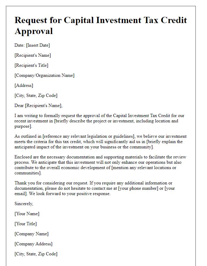 Letter template of request for capital investment tax credit approval