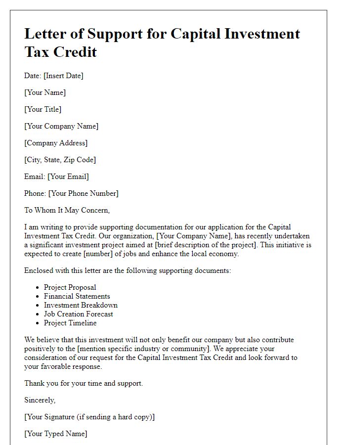 Letter template of supporting documents for capital investment tax credit