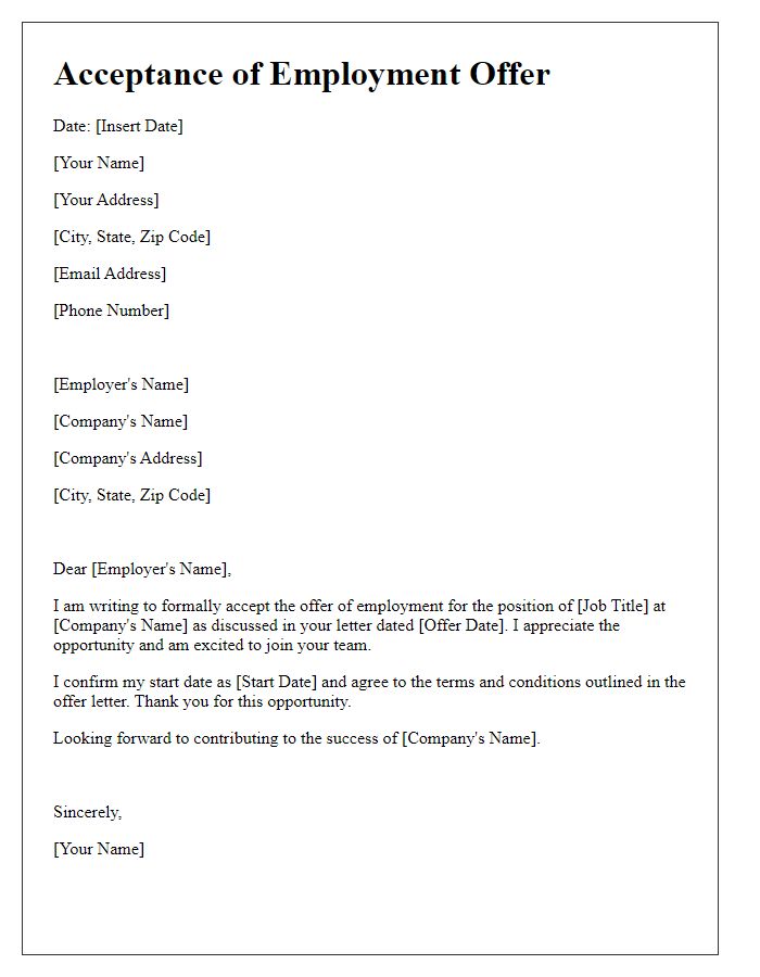 Letter template of Acceptance of Employment Offer