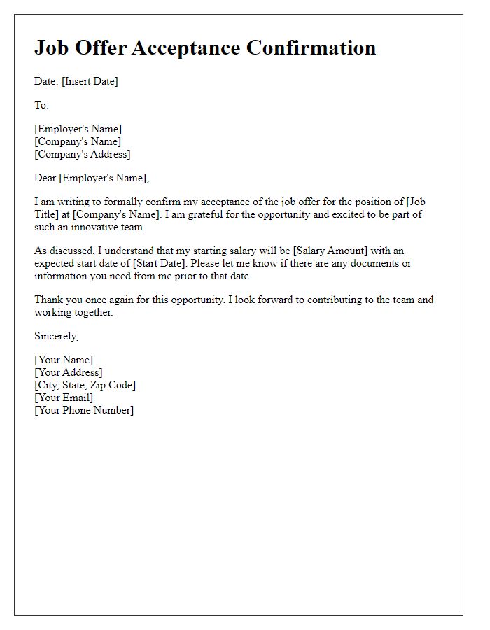 Letter template of Job Offer Acceptance Confirmation