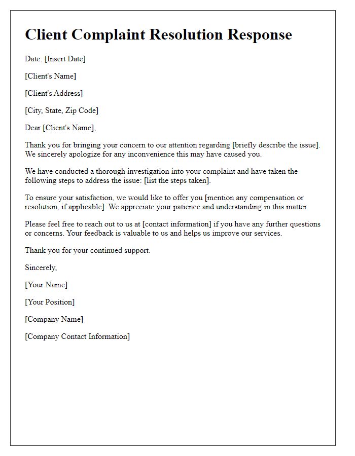 Letter template of client complaint resolution response