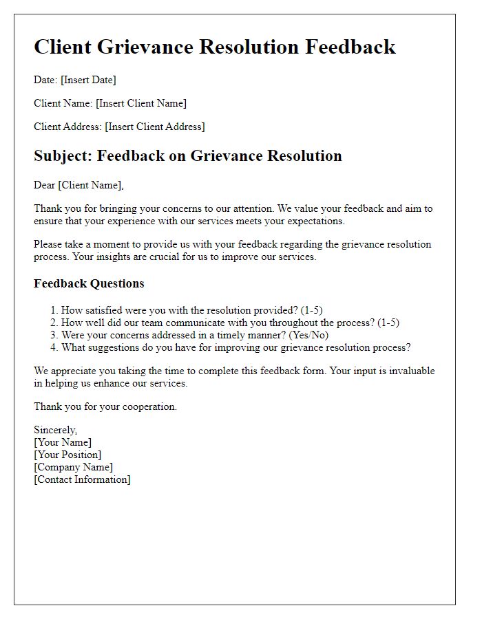 Letter template of client grievance resolution feedback