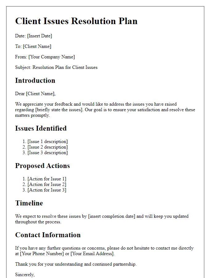 Letter template of client issues resolution plan