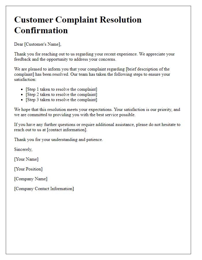 Letter template of customer complaint resolution confirmation