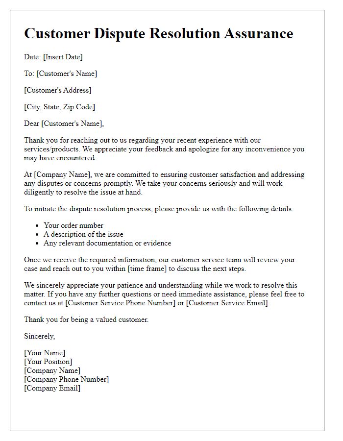 Letter template of customer dispute resolution assurance