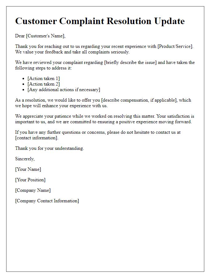 Letter template of customer service complaint resolution update