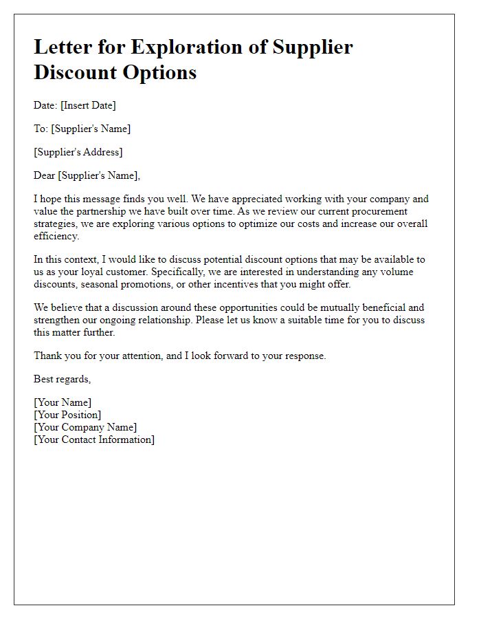 Letter template of exploration of supplier discount options.