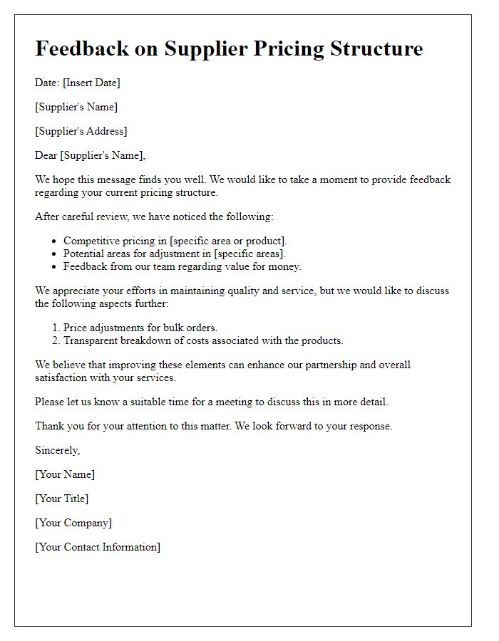 Letter template of feedback on supplier pricing structure.