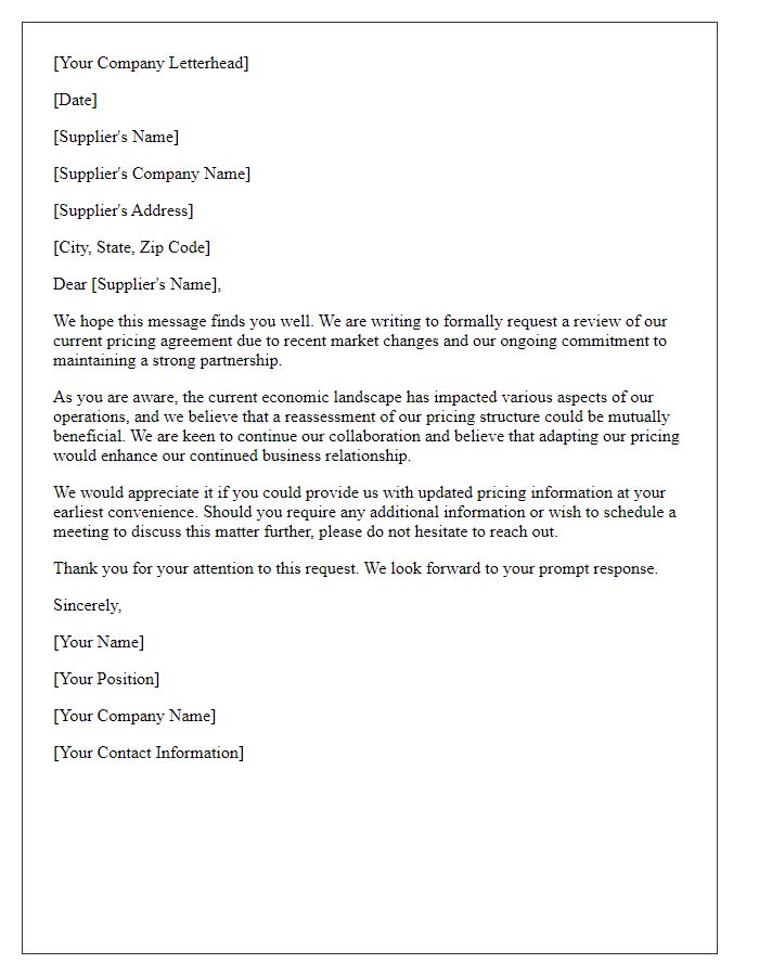 Letter template of formal request for supplier price review.