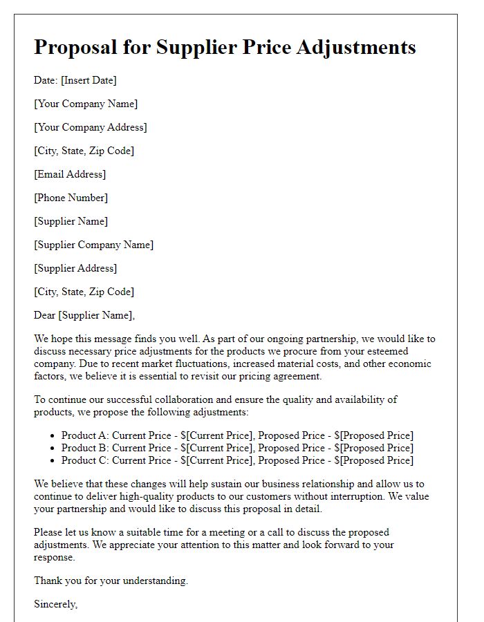 Letter template of proposal for supplier price adjustments.