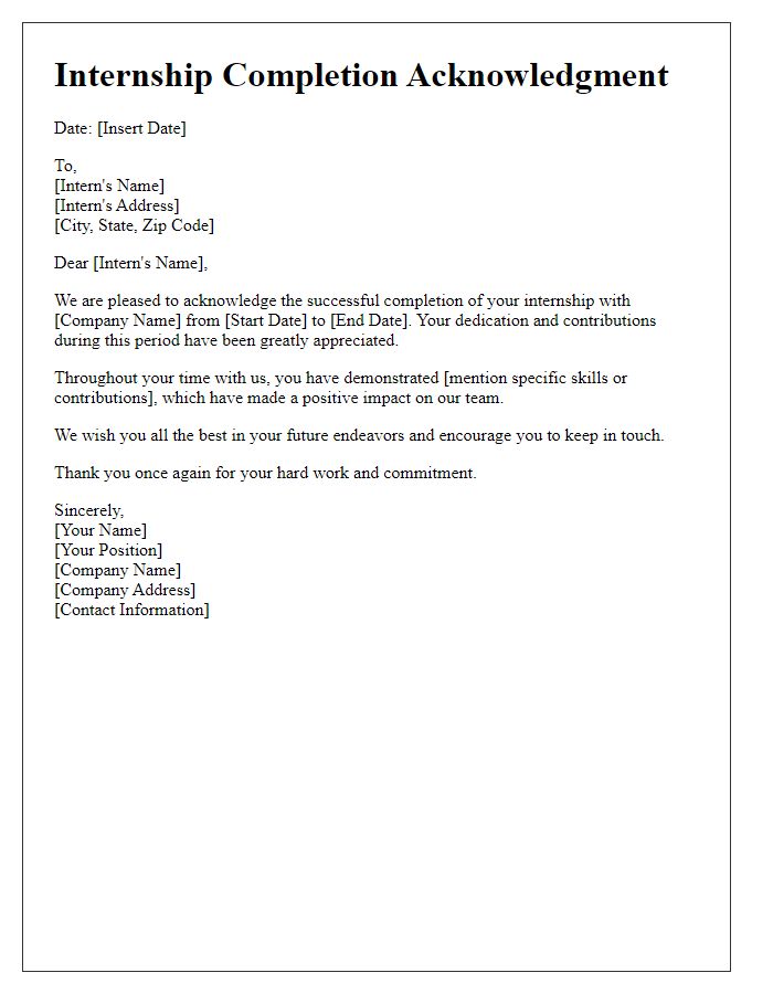 Letter template of acknowledgment for internship completion.