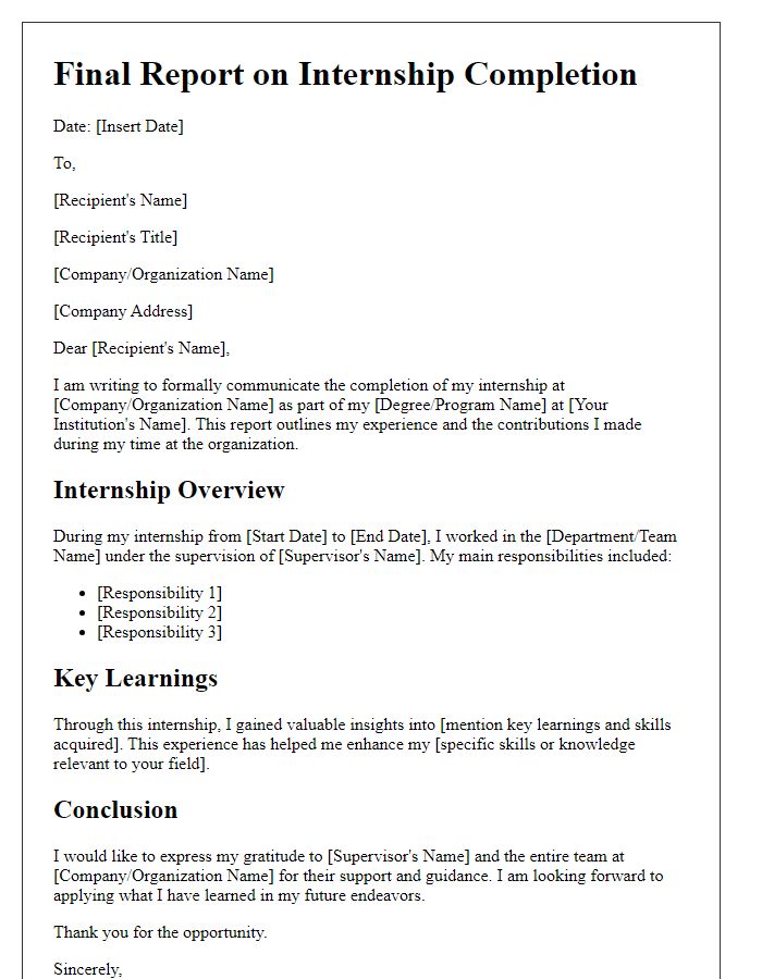 Letter template of final report on internship completion.