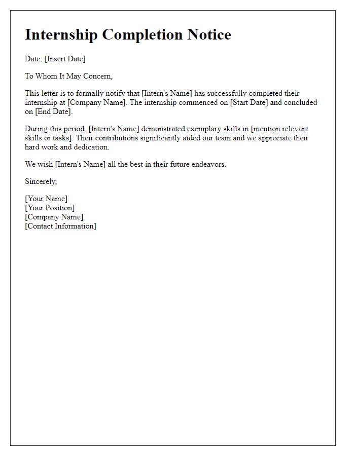 Letter template of formal internship completion notice.