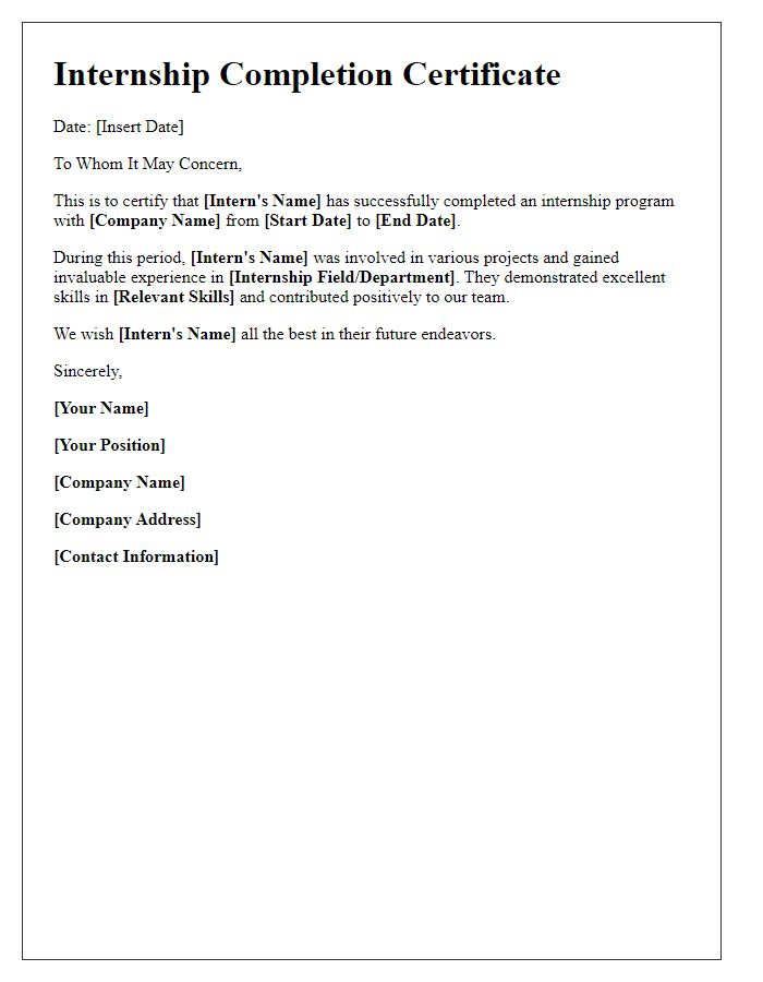 Letter template of internship program completion.