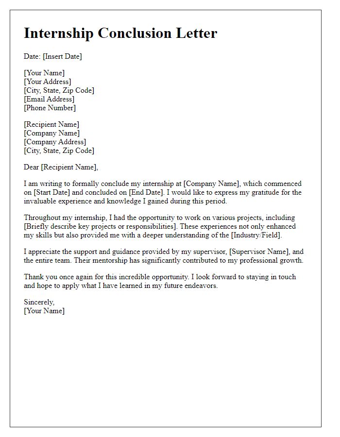 Letter template of successful internship conclusion.