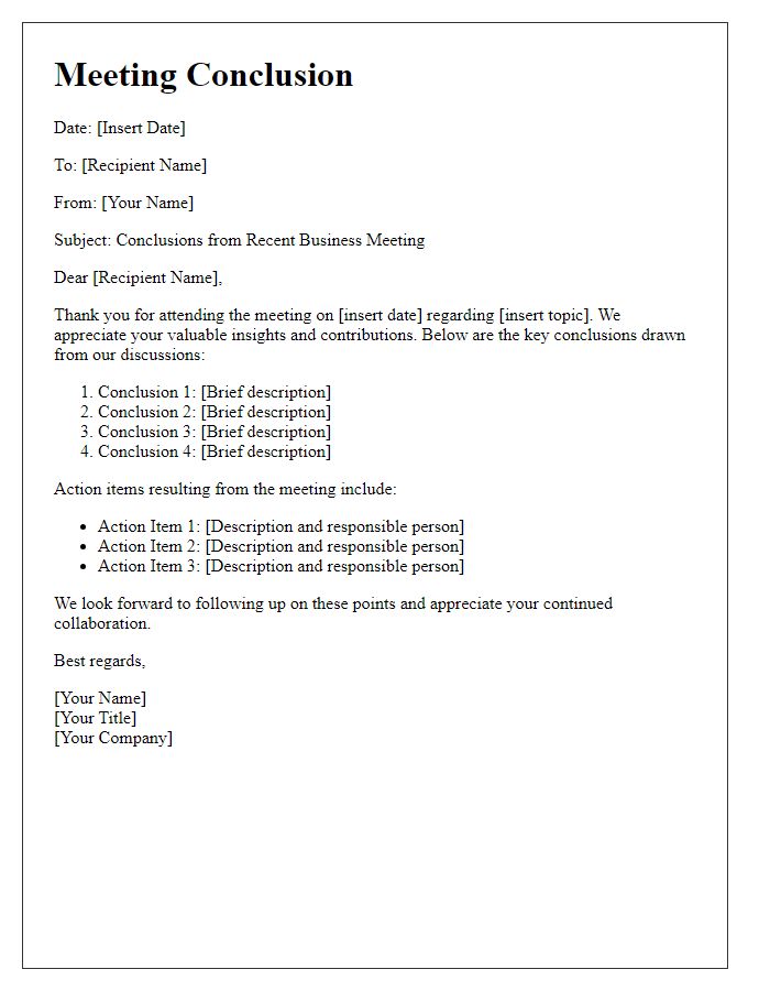 Letter template of conclusions drawn from business meeting