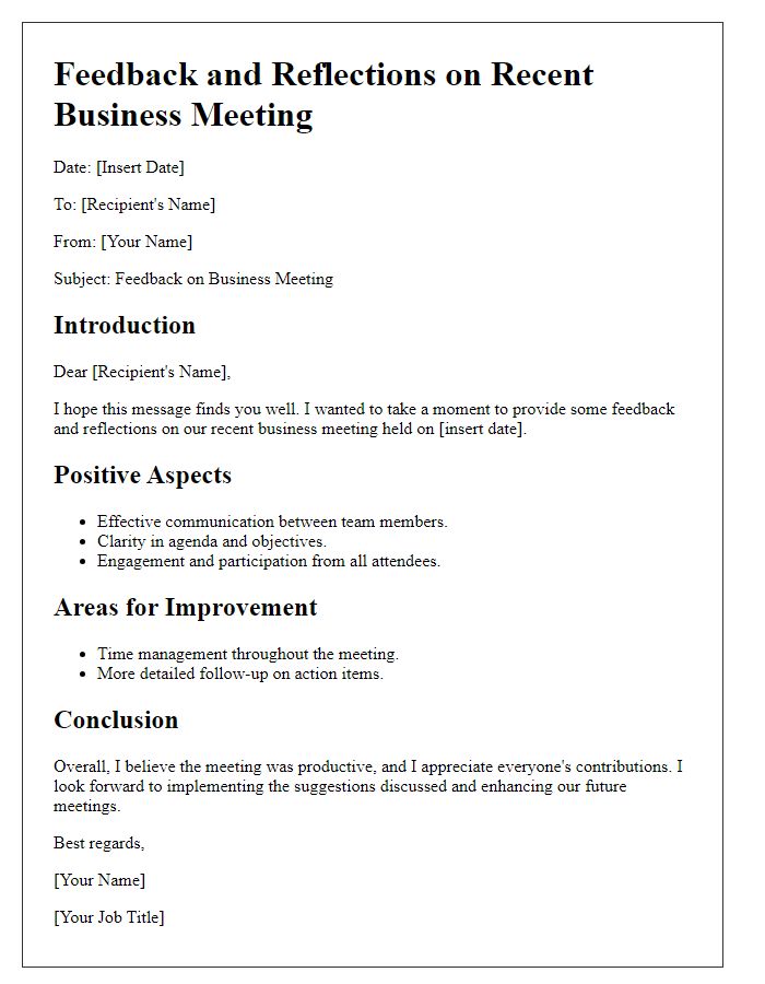 Letter template of feedback and reflections on the business meeting