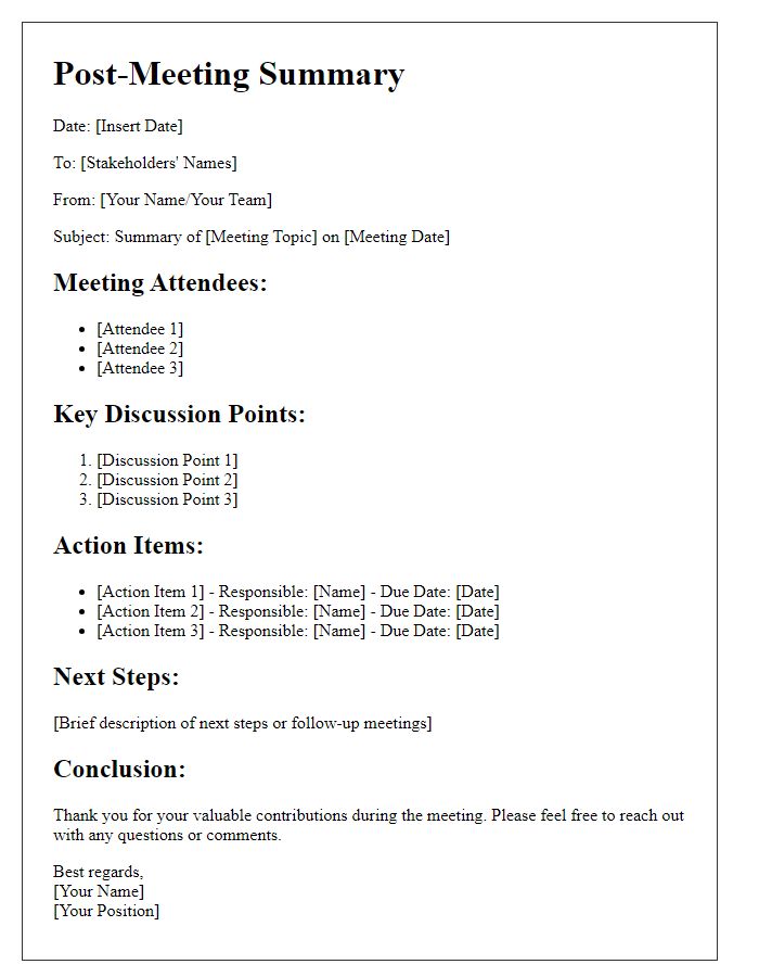 Letter template of post-meeting summary for stakeholders