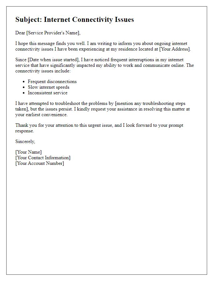 Letter template of internet connectivity issues.