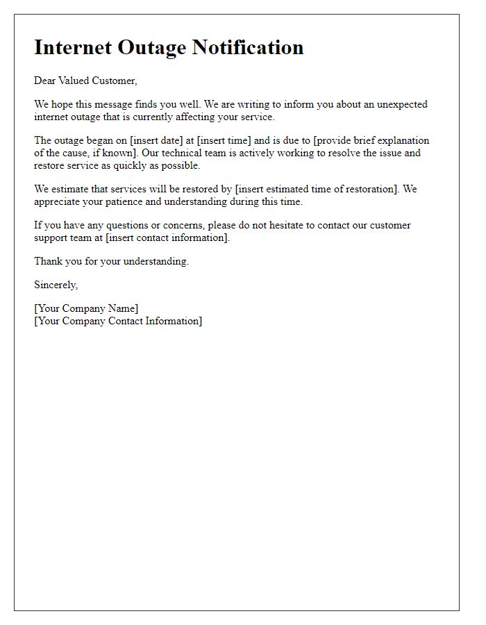 Letter template of internet outage notification.