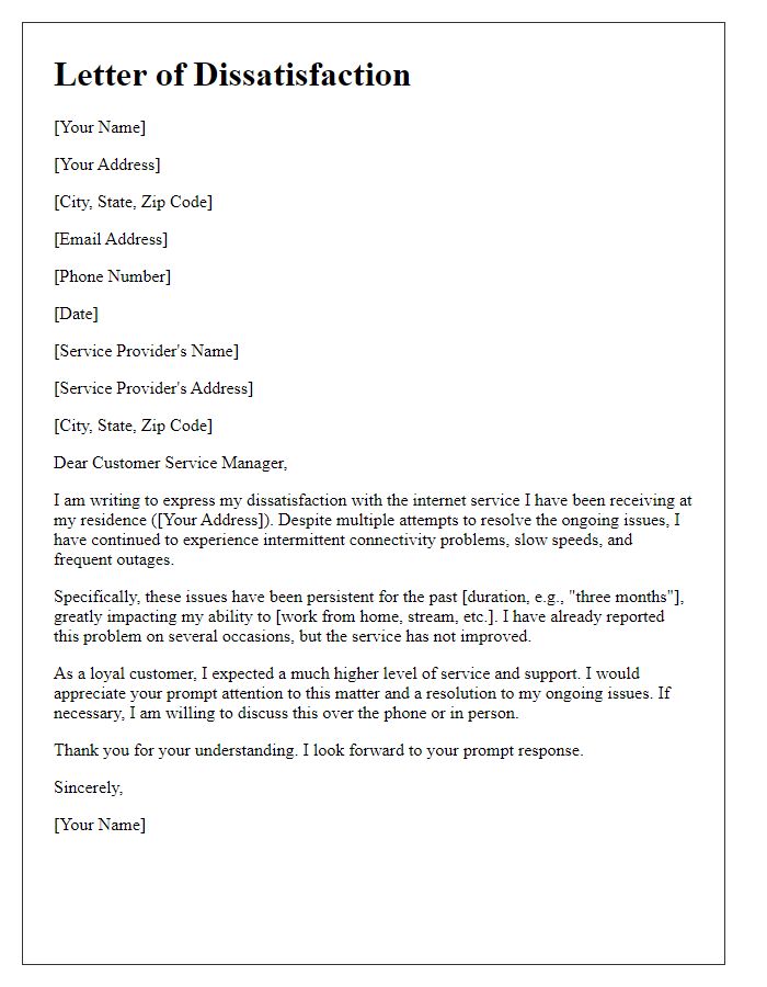 Letter template of internet service dissatisfaction.