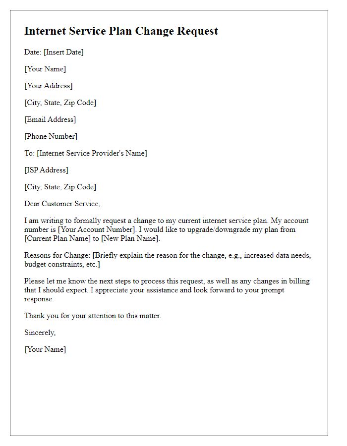 Letter template of internet service plan change request.