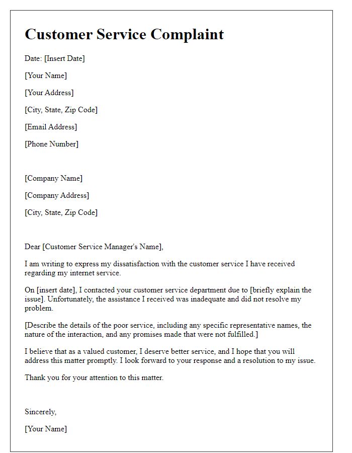 Letter template of poor customer service for internet.