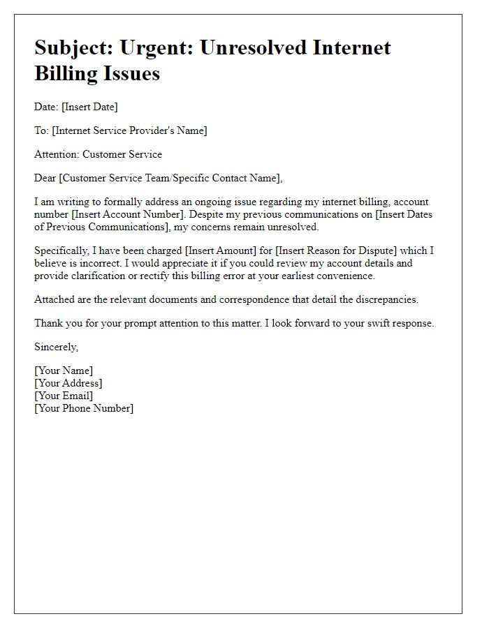 Letter template of unresolved internet billing issues.