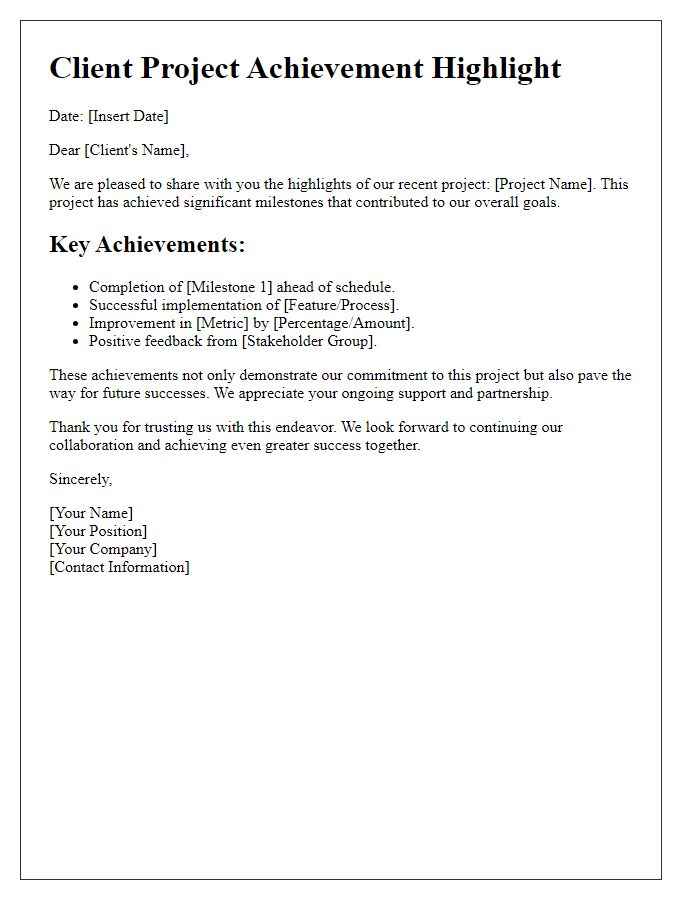 Letter template of client project achievement highlight