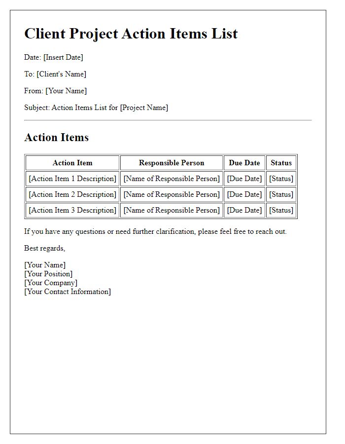 Letter template of client project action items list