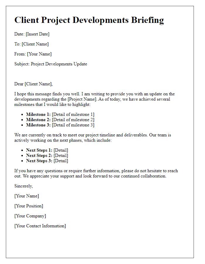 Letter template of client project developments briefing