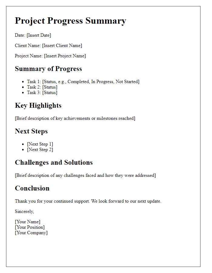 Letter template of client project progress summary