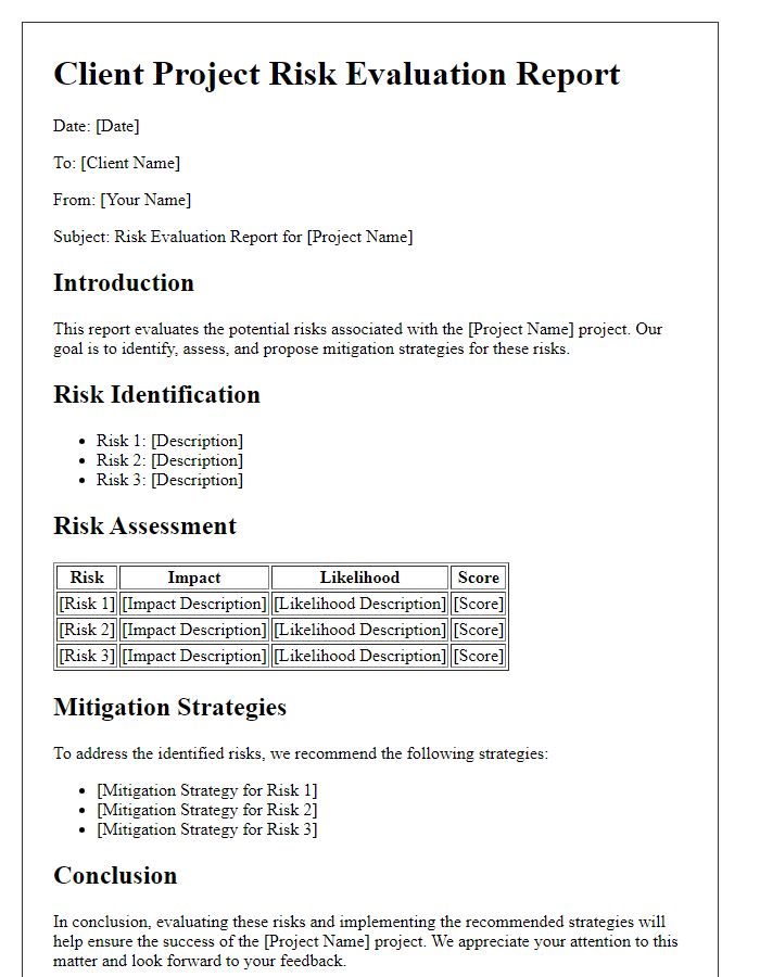 Letter template of client project risk evaluation report