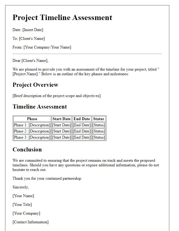 Letter template of client project timeline assessment