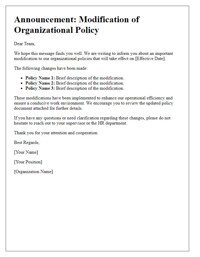 Letter template of announcement for organizational policy modification