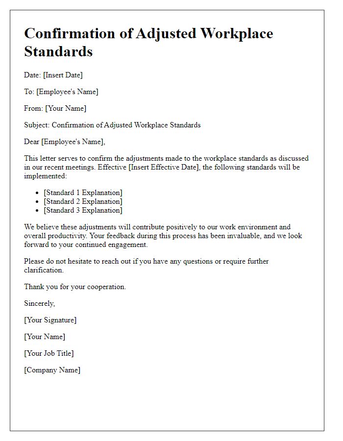 Letter template of confirmation on adjusted workplace standards