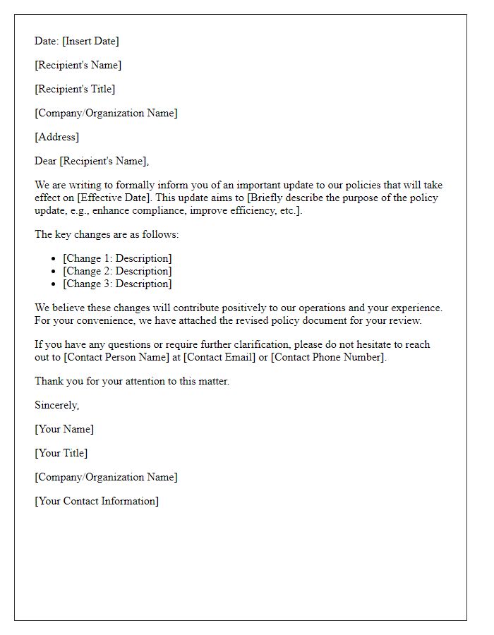 Letter template of formal communication regarding policy update