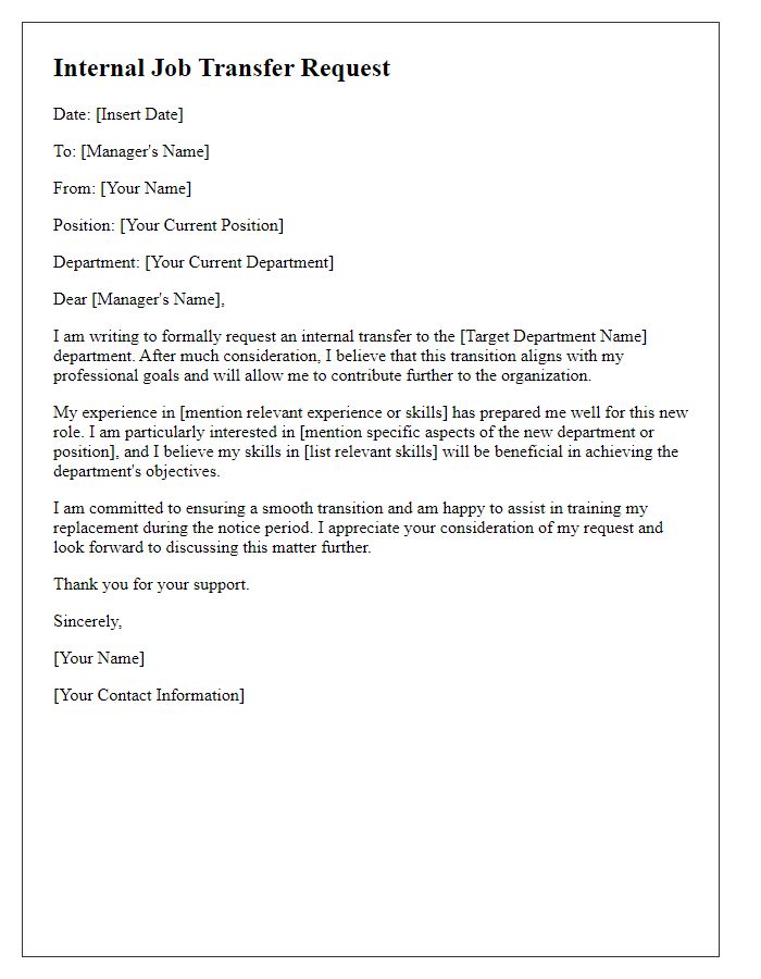 Letter template of internal job transfer request for departmental change.