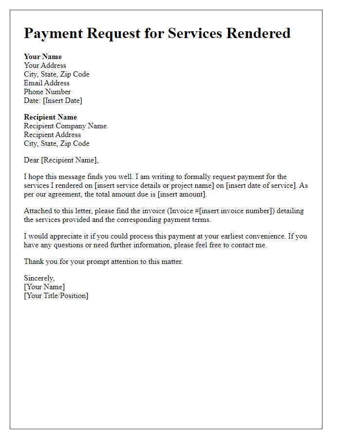 Letter template of payment request for services rendered