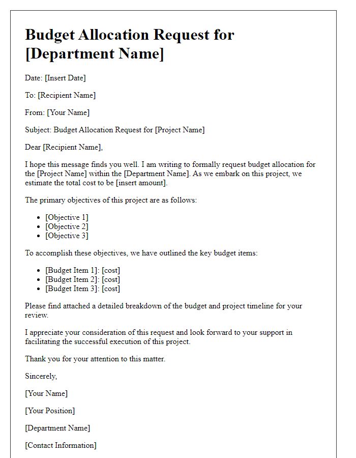 Letter template of budget allocation request for departmental project