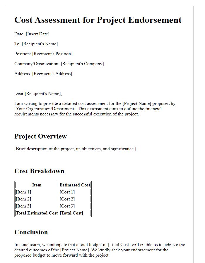 Letter template of cost assessment for project endorsement