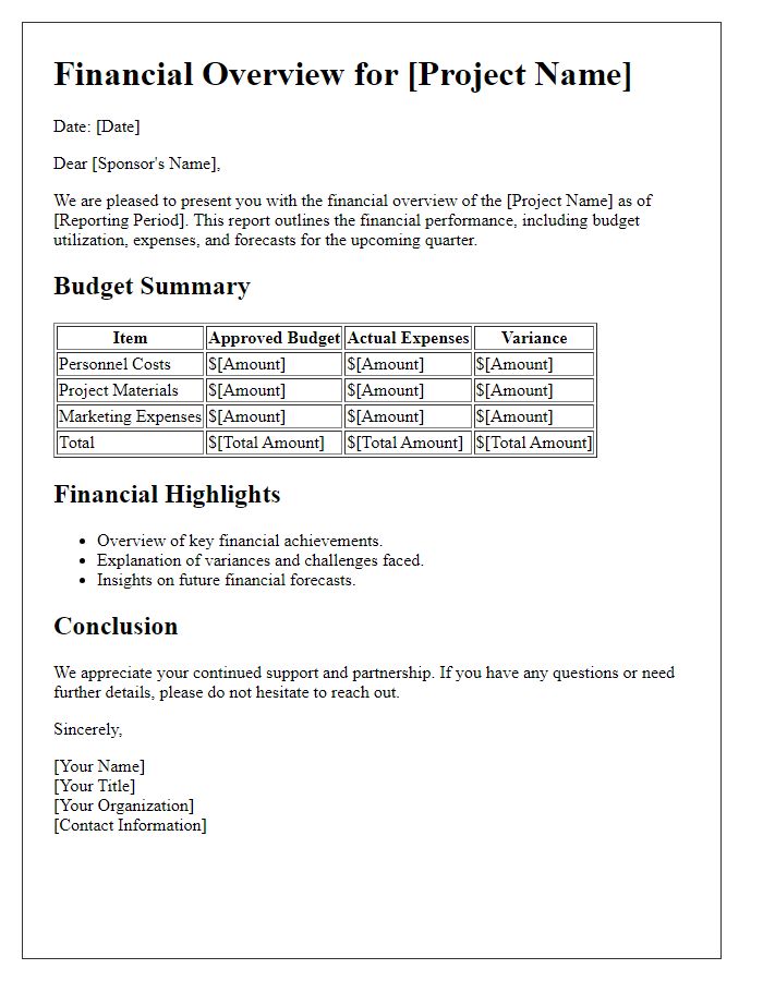 Letter template of financial overview for project sponsors