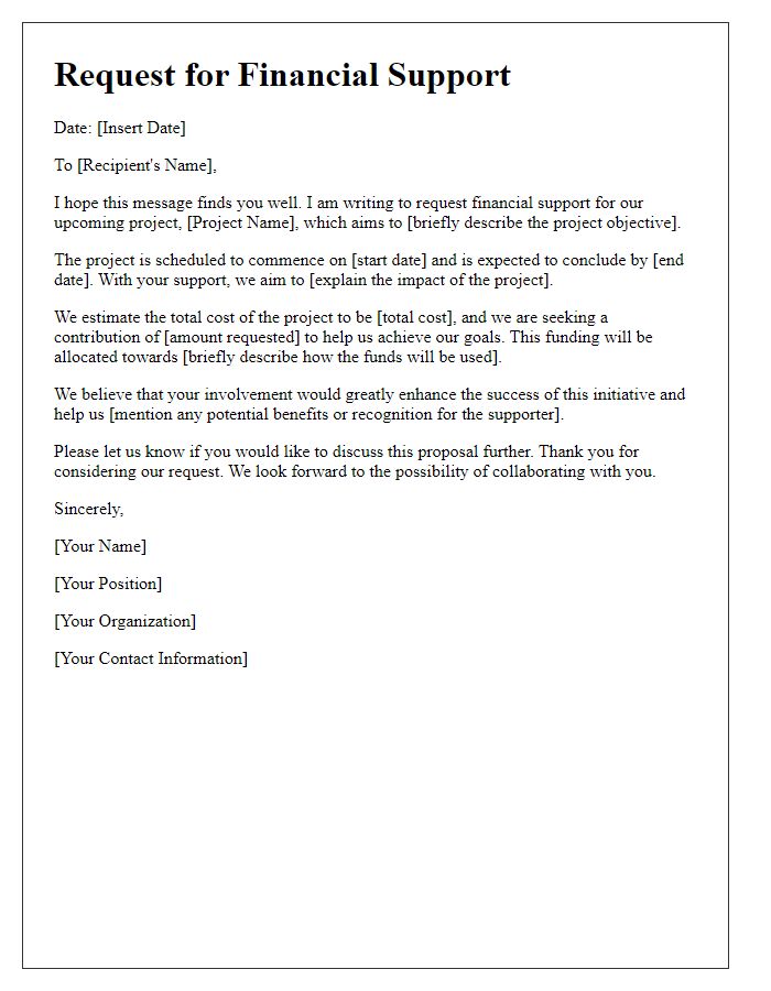 Letter template of financial support request for upcoming project