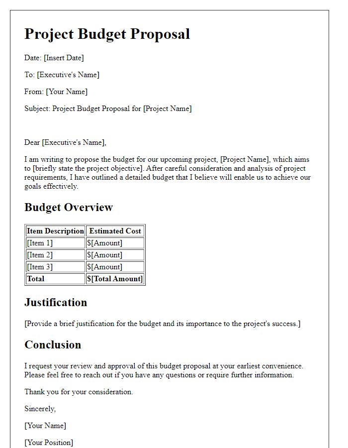 Letter template of project budget proposal for executive review